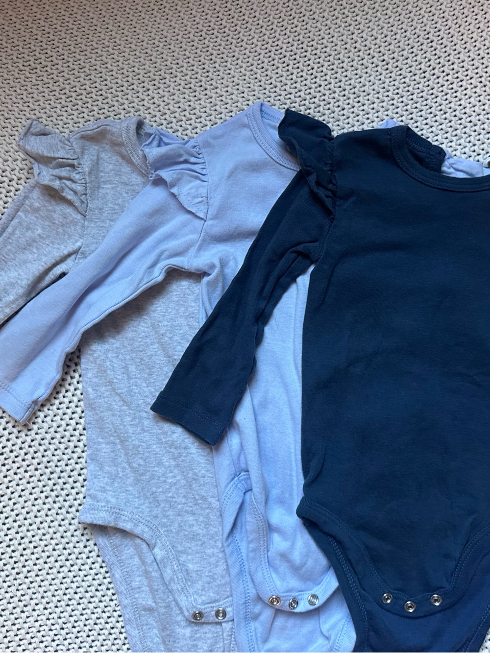 6-9 Months Long-Sleeve Ruffle Shoulder Bodysuits Navy, Light Blue, Heather Gray